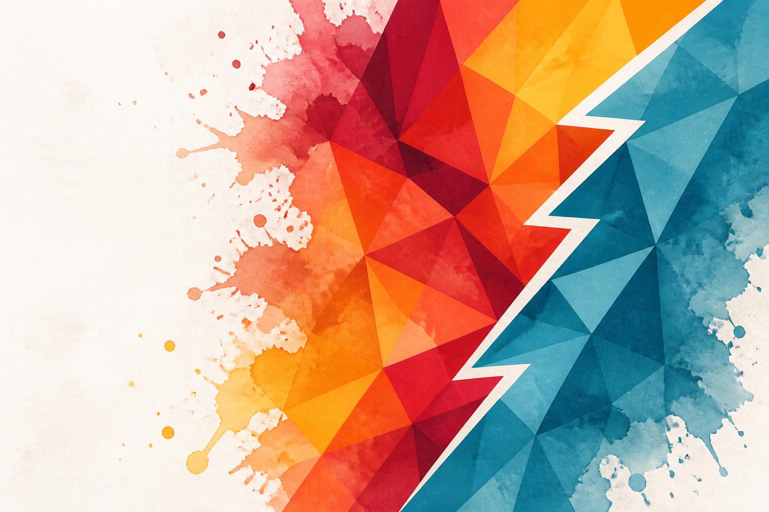 Faceted low-poly artwork in MeDigi brand colours with watercolour bloom
